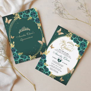 Invitation Floral Emerald Gold Tiara Butterfly Quinceañera