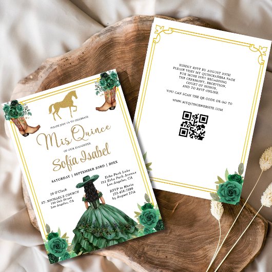 Invitation Floral Emerald Green Boots Horse Quinceanera