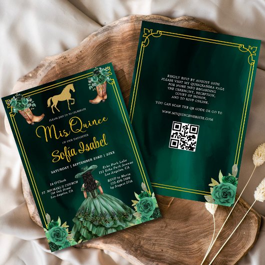 Invitation Floral Emerald Green Boots Horse Quinceanera