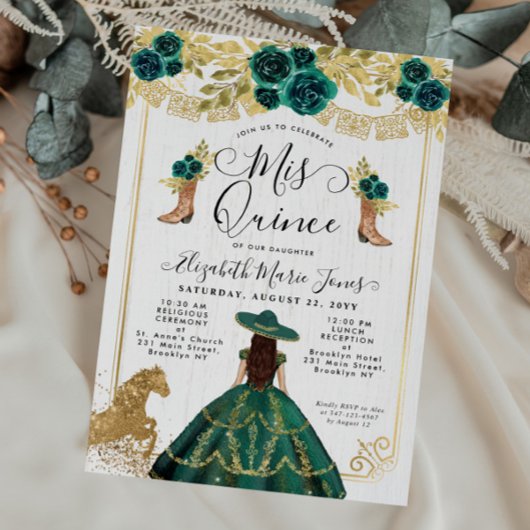 Invitation Floral Emerald Green Boots Horse Quinceanera