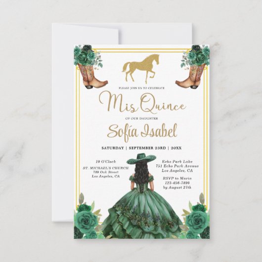 Invitation Floral Emerald Green Boots Horse Quinceanera (Devant)