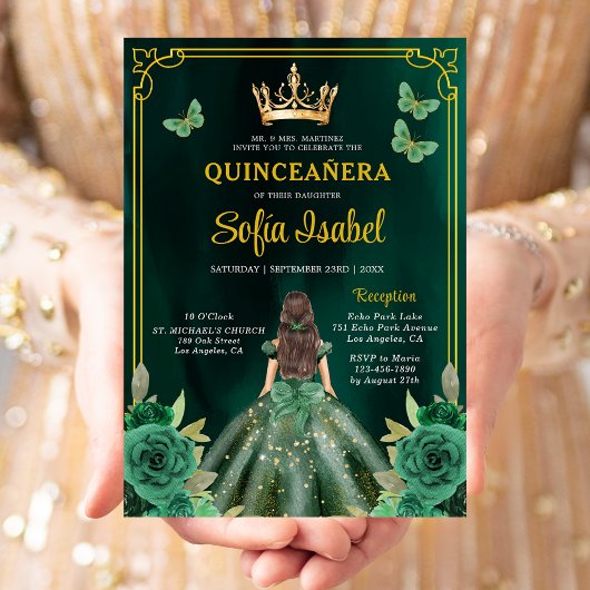Invitation Floral Emerald Green Butterfly Quinceanera