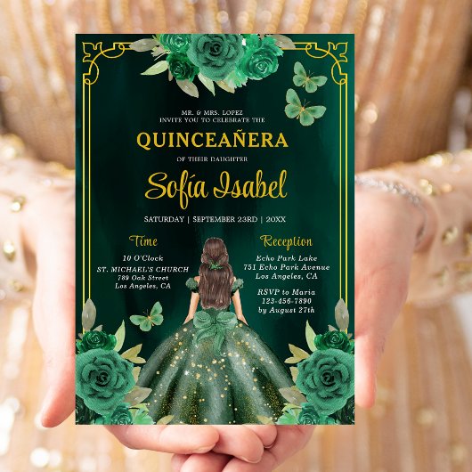 Invitation Floral Emerald Green Butterfly Quinceanera