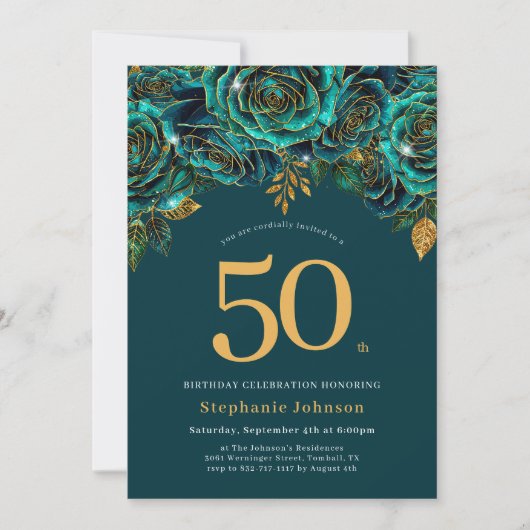 Invitation Floral Emerald Green et Gold 50e anniversaire (Devant)