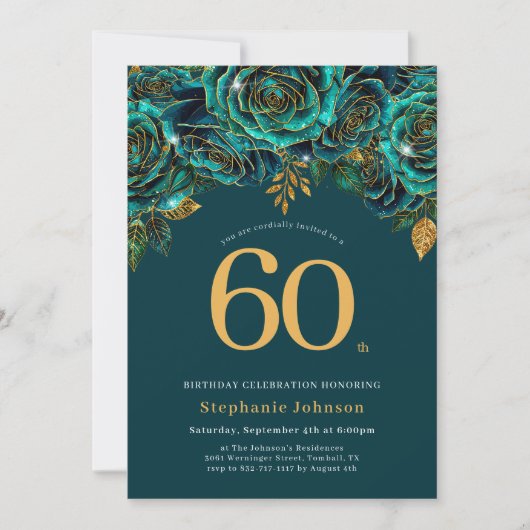 Invitation Floral Emerald Green et Gold 60e anniversaire (Devant)
