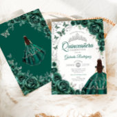 Invitation Floral Emerald Green Silver Quinceanera