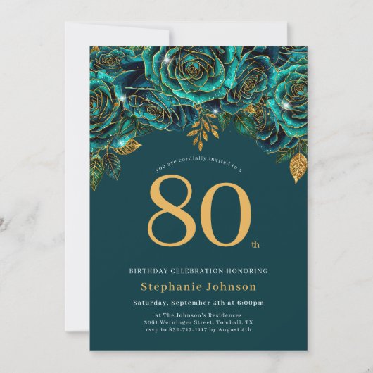 Invitation Floral Emerald Vert et or 80e anniversaire (Devant)
