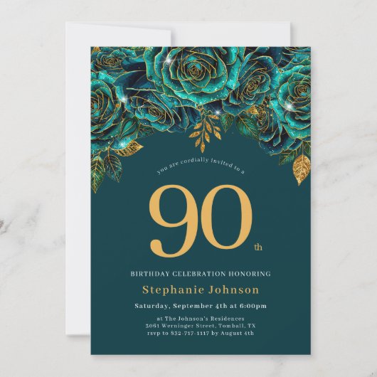 Invitation Floral Emerald Vert et or 90e anniversaire (Devant)