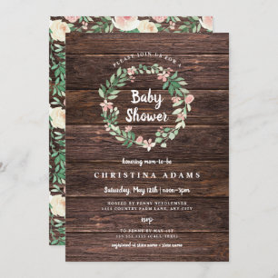 Invitation floral en bois rustique de baby shower