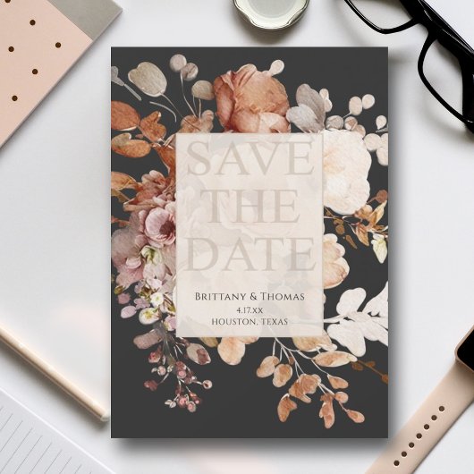 Invitation Floral en terre cuite sur noir Enregistrer la date