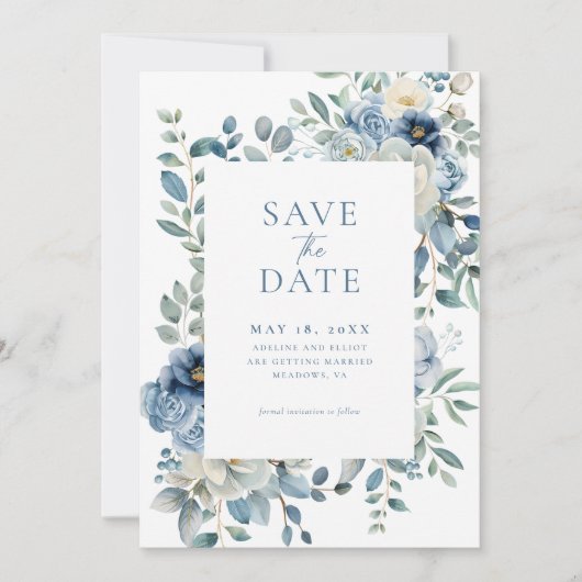 Invitation Floral Enregistrer La Date, Dusty Blue Enregistrer (Devant)