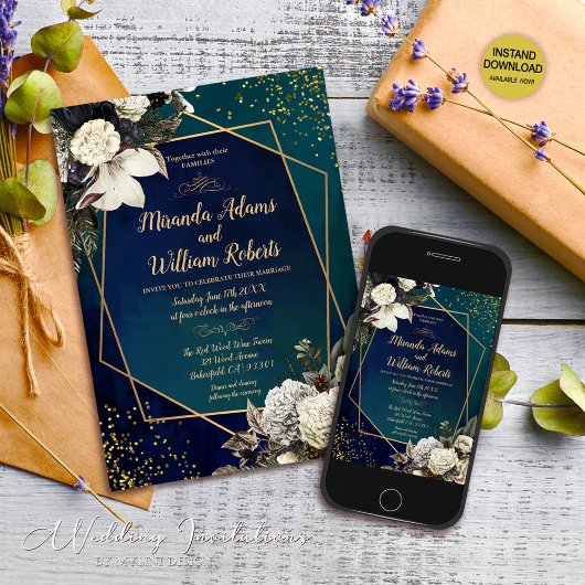 Invitation Floral et or Emerald Mariage vert