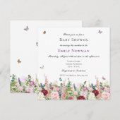 Invitation Floral et papillons rose pourpre | BABY SHOWER (Devant / Derrière)