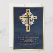 Invitation Floral Eucalyptus Bois Croix Marine Baptême d'or (Devant)