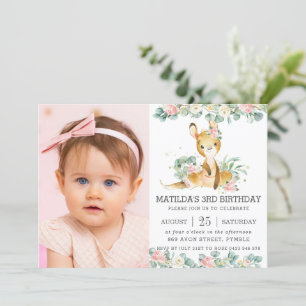 Invitation Floral Eucalyptus Cute Kangaroo Photo Anniversaire