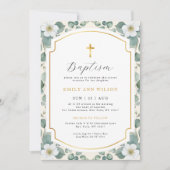 Invitation Floral Eucalyptus Gold Cross Baptism (Devant)
