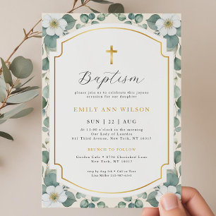 Invitation Floral Eucalyptus Gold Cross Baptism