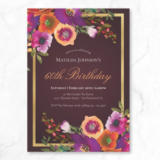 Invitation Floral Fall Burgundy 60th Birthday Party