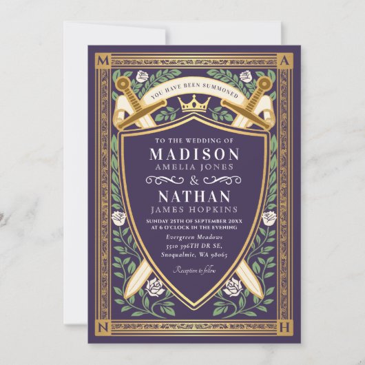 Invitation Floral Fantasy Swords Shield Monogram Wedding (Devant)