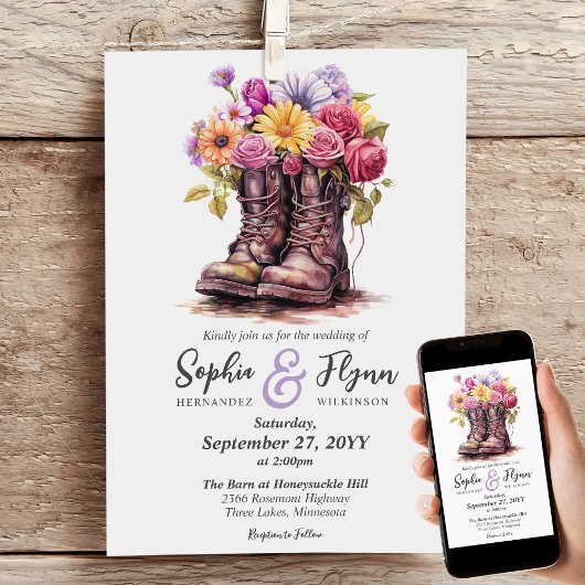 Invitation Floral Farm Boots Rustic Country Barne Mariage