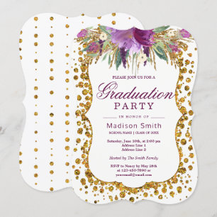 Invitation Floral Faux Gold Parties scintillant Confetti Grad