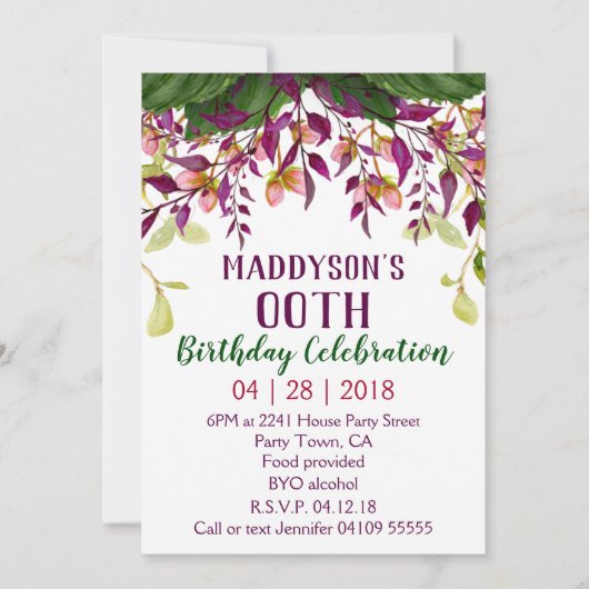 Invitation Floral féminin 80ème 90ème 91ème 92ème 95ème 98ème (Devant)