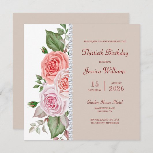 Invitation Floral féminin & Diamant 30e anniversaire (Devant / Derrière)