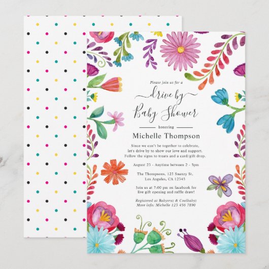 Invitation Floral Fiesta Drive By Briding ou Baby shower (Devant / Derrière)