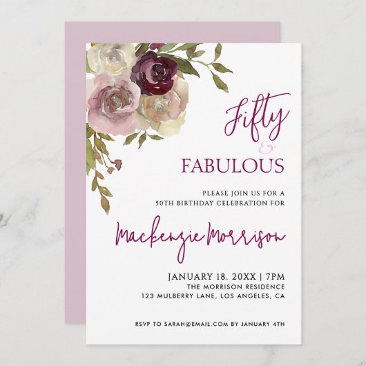 Invitation Floral Fifty and Fabulous Script Birthday Party (Devant / Derrière)