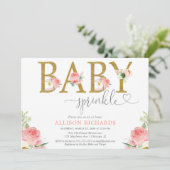 Invitation Floral fille bébé saupoudré, or rose rousse élégan (Debout devant)