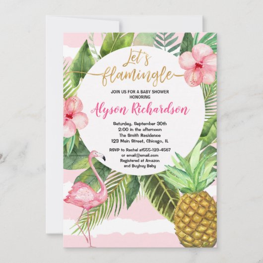 Invitation Floral flamingo rose or fille baby shower (Devant)