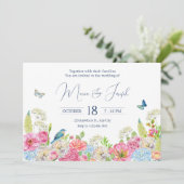 Invitation Floral Fleur bleu vert rose printemps mariage (Debout devant)