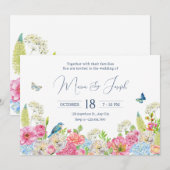 Invitation Floral Fleur bleu vert rose printemps mariage (Devant / Derrière)