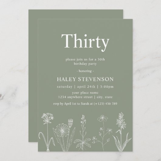 Invitation Floral fleur sauvage 30 Sage Vert 30e anniversaire (Devant / Derrière)