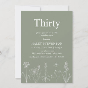 Invitation Floral fleur sauvage 30 Sage Vert 30e anniversaire