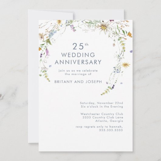Invitation Floral Fleur sauvage bleu 25e anniversaire Mariage (Devant)