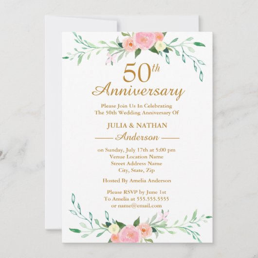 Invitation Floral Fleur sauvage rose 50e anniversaire de Mari (Devant)