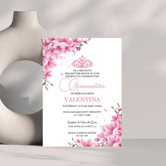 Invitation Floral Fleurs de cerise Ressort Rose Quinceañera