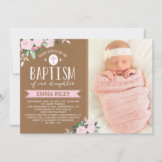 Invitation Floral Flores Kraft | Bébé Fille Baptême Invitatio (Devant)