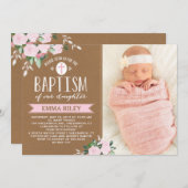 Invitation Floral Flores Kraft | Bébé Fille Baptême Invitatio (Devant / Derrière)