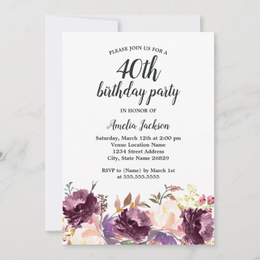 Invitation Floral Florom Purple Aquarelle 40e anniversaire (Devant)