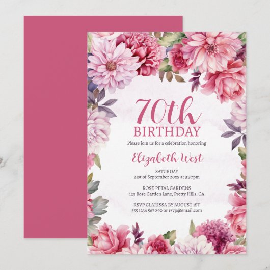 Invitation Floral Flower Bloom Hot Pink 70e anniversaire (Devant / Derrière)