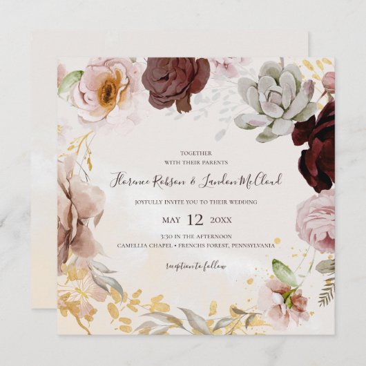 Invitation Floral flush moderne | Carré de marbre Mariage (Devant / Derrière)
