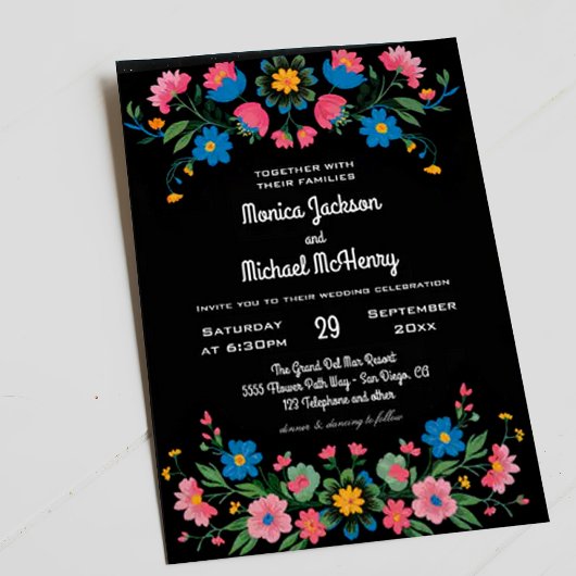 Invitation Floral Folk Black Mexico Cinco de Mayo Mariage