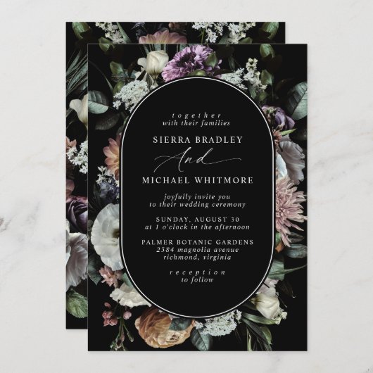 Invitation Floral foncé | Élégant Mariage Black Moody (Devant / Derrière)