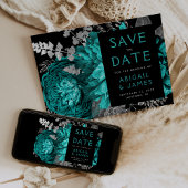 Invitation Floral foncé Turquoise Bleu Noir Mariage d'argent 