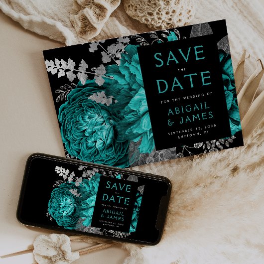Invitation Floral foncé Turquoise Bleu Noir Mariage d'argent