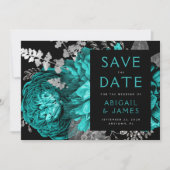 Invitation Floral foncé Turquoise Bleu Noir Mariage d'argent (Devant)
