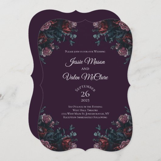 Invitation Floral foncé violet élégant Mariage Maroon Mauve (Devant / Derrière)