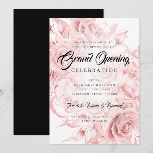 Invitation Floral Forme Entreprise Rose Gold Grand Ouverture  (Devant / Derrière)